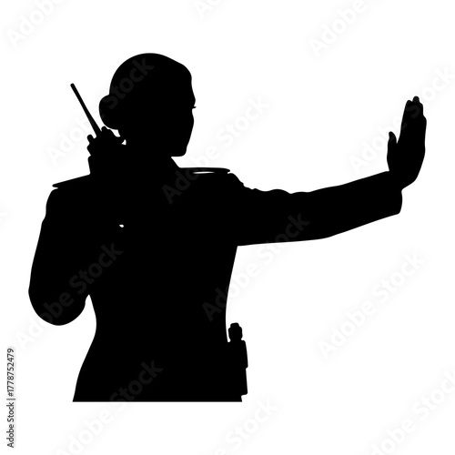 Woman officer holding up hand with radio silhouette