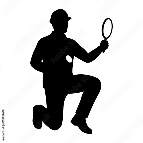 Worker examining with magnifying glass silhouette hard hat