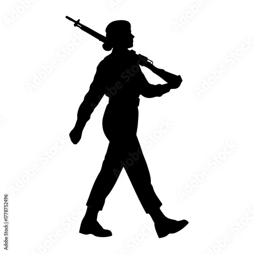 Woman soldier marching with rifle silhouette