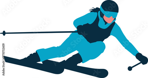 A skier in a blue and black suit skiing down a slope with ski poles, dynamic action shot