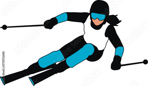 Female skier in black and blue ski suit with helmet and goggles, skiing down a slope
