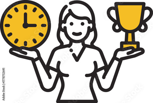 Woman holding a clock and a trophy, symbolizing time management and success