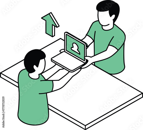 Two men exchanging a laptop on a table, one person handing over the device to another, representing transfer or sharing