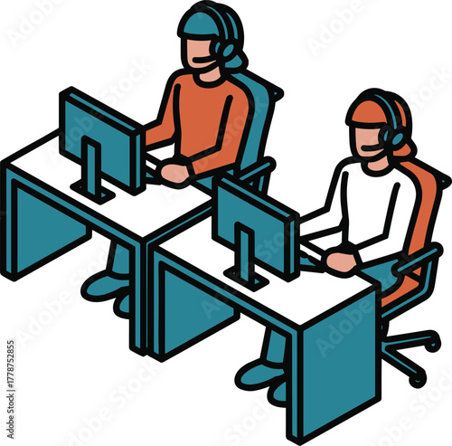 Two people wearing headsets and sitting at desks with computers, working in a call center or office environment