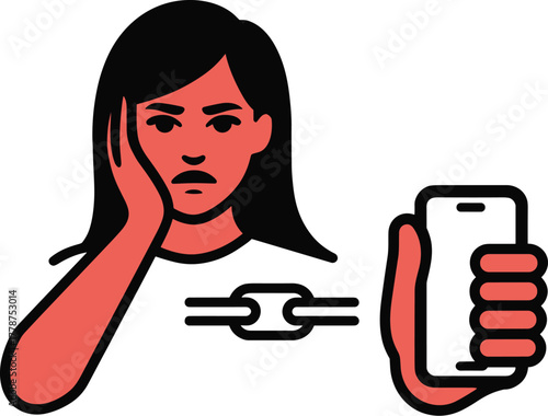 Woman looking frustrated with a broken chain link and holding a smartphone, representing disconnection or digital problems