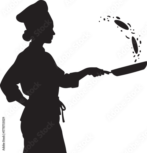 Dynamic silhouette of a female chef or cook skillfully flipping food in a frying pan, representing culinary expertise and kitchen preparation.