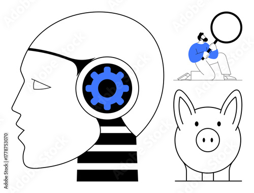 Simplified human head with gear symbol, person with magnifier, piggy bank. Ideal for AI, innovation, finance, problem-solving, research technology planning. A clean simple flat metaphor