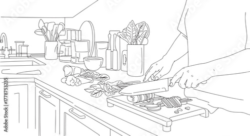 Line Art Illustration of Hands Chopping Fresh Vegetables in a Modern Kitchen