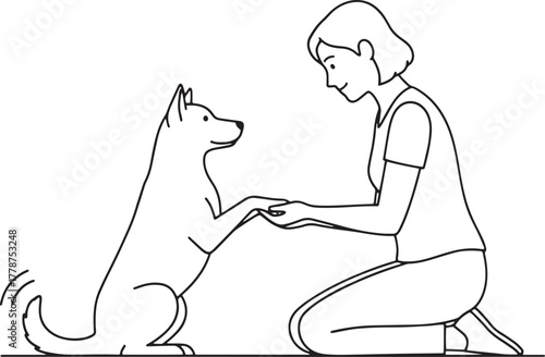 Woman Training Dog Holding Paws - Pet Friendship & Human-Animal Bond Line Art