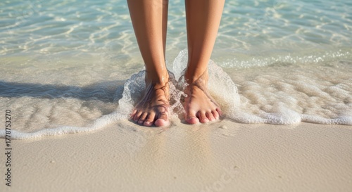Fototapeta Naklejka Na Ścianę i Meble -  Female feet on sandy beach with gentle waves and clear water