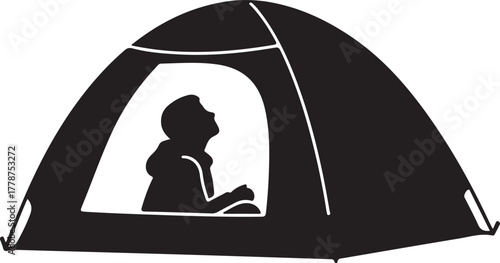 Minimalist black silhouette of a person inside a camping tent, looking up at the sky, representing outdoor adventure, relaxation, or stargazing.