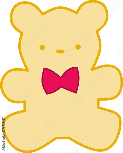 Cute minimalist teddy bear illustration with a red bow tie, outlined in yellow and soft pastel tones.