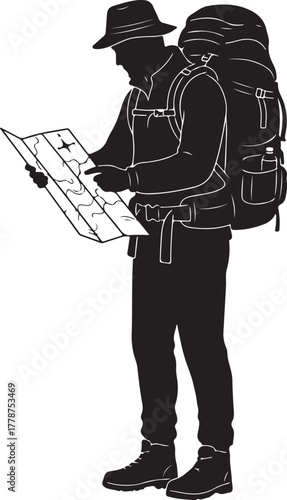 Hiker or backpacker silhouette navigating with a map, a person exploring or trekking in the outdoors with a large travel pack, vector illustration for adventure and travel themes