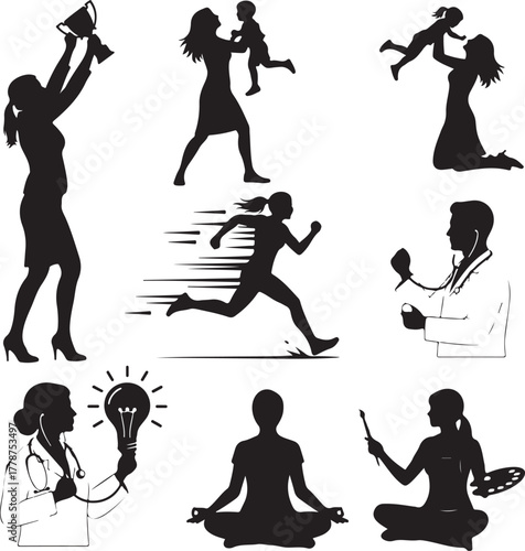 Diverse Women Silhouettes Celebrating Female Empowerment, Career Achievements, Motherhood, Health, and Creative Expression