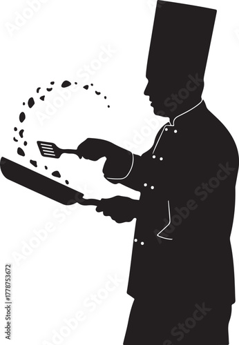  Professional Chef Silhouette Tossing Food in Frying Pan with Spatula. Dynamic culinary action depicting cooking, kitchen, and gourmet meal preparation