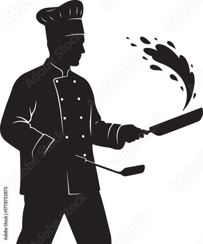 WebDynamic silhouette of a chef or cook in action, preparing food with a frying pan and spatula, featuring energetic splashes, perfect for culinary and restaurant themes