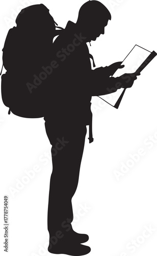 Black Silhouette of a Hiker or Backpacker with a Map, Navigating for Travel and Adventure, showing Direction and Exploration.