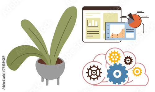 Green houseplant suggests sustainability, analytics dashboard with graphs display data trends, and cloud gears highlight technology functionality. Ideal for growth, data analysis, innovation
