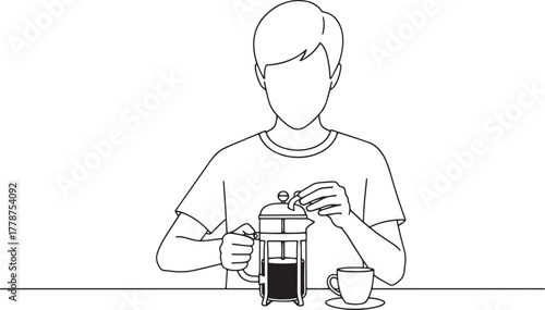 Outline Drawing of Person Preparing Coffee with French Press