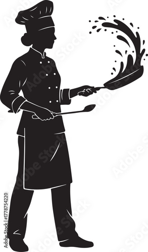 Female Chef Silhouette Cooking, Tossing Food in Frying Pan with Dynamic Splash, Culinary Art and Professional Kitchen Concept