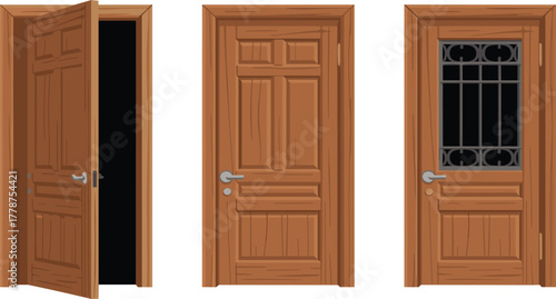 Wooden Doors Vector Set - Open, Closed, and Secured Door with Window Grill - Home Interior and Exterior Design