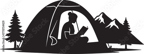  Peaceful camping and reading in nature, a minimalist silhouette of a person enjoying a book inside a tent with mountains and trees, representing outdoor adventure, relaxation, and tranquil solitude..