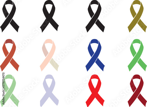 Set of cancer ribbons in on white background, Breast cancer ribbons signs, Cancer color,