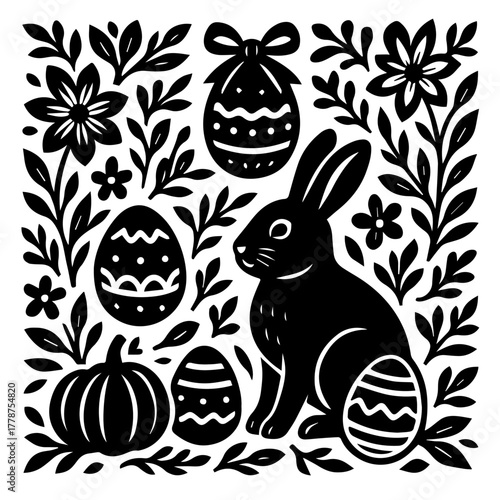 Easter Rabbit With Decorated Eggs Floral Folk Art Black And White Vector