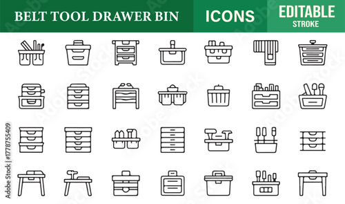 Set of editable outline icons representing industrial tool storage bins and workshop cabinets for garage and hardware design.