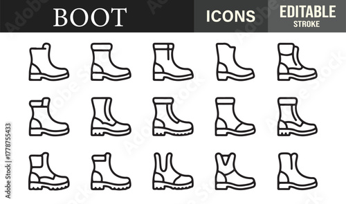 Editable stroke collection of footwear icons including outdoor and industrial boots for modern vector design.