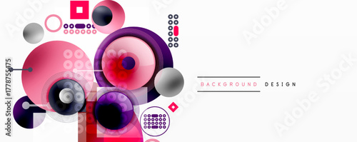 Abstract geometric shapes, circles, squares, pink purple hues. Modern design elements create dynamic visual composition.
