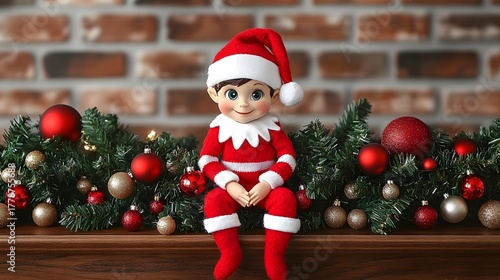 Festive elf doll sits cheerfully on a mantle surrounded by holiday decorations and ornaments