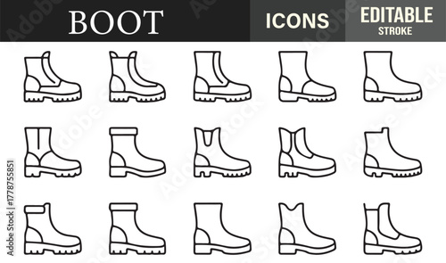 Vector outline pack featuring industrial, fashion, and outdoor boot icons in linear graphic style.