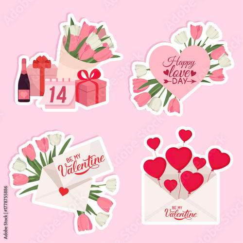 Romantic Valentine's day stickers with elegant tulips champagne cute envelope heart balloons