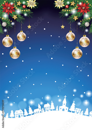 クリスマス背景、街並みシルエット、青、オーナメント、かわいい、イラスト、縦