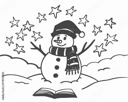 A cheerful snowman stands amidst a flurry of stars