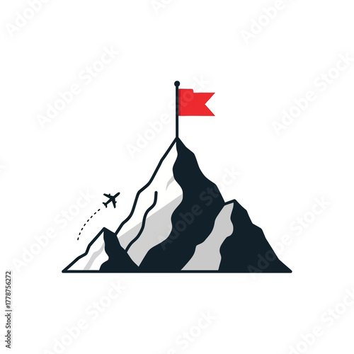 Minimalist vector of a mountain peak with a red flag, symbolizing ultimate achievement, ambitious goals, and the aspirational journey of success and travel