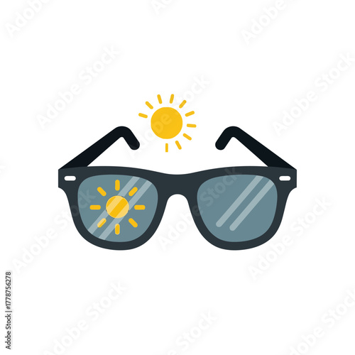 Flat design icon of sunglasses illustrating dynamic lens adjustment to sunlight, symbolizing essential eye protection and comfortable vision