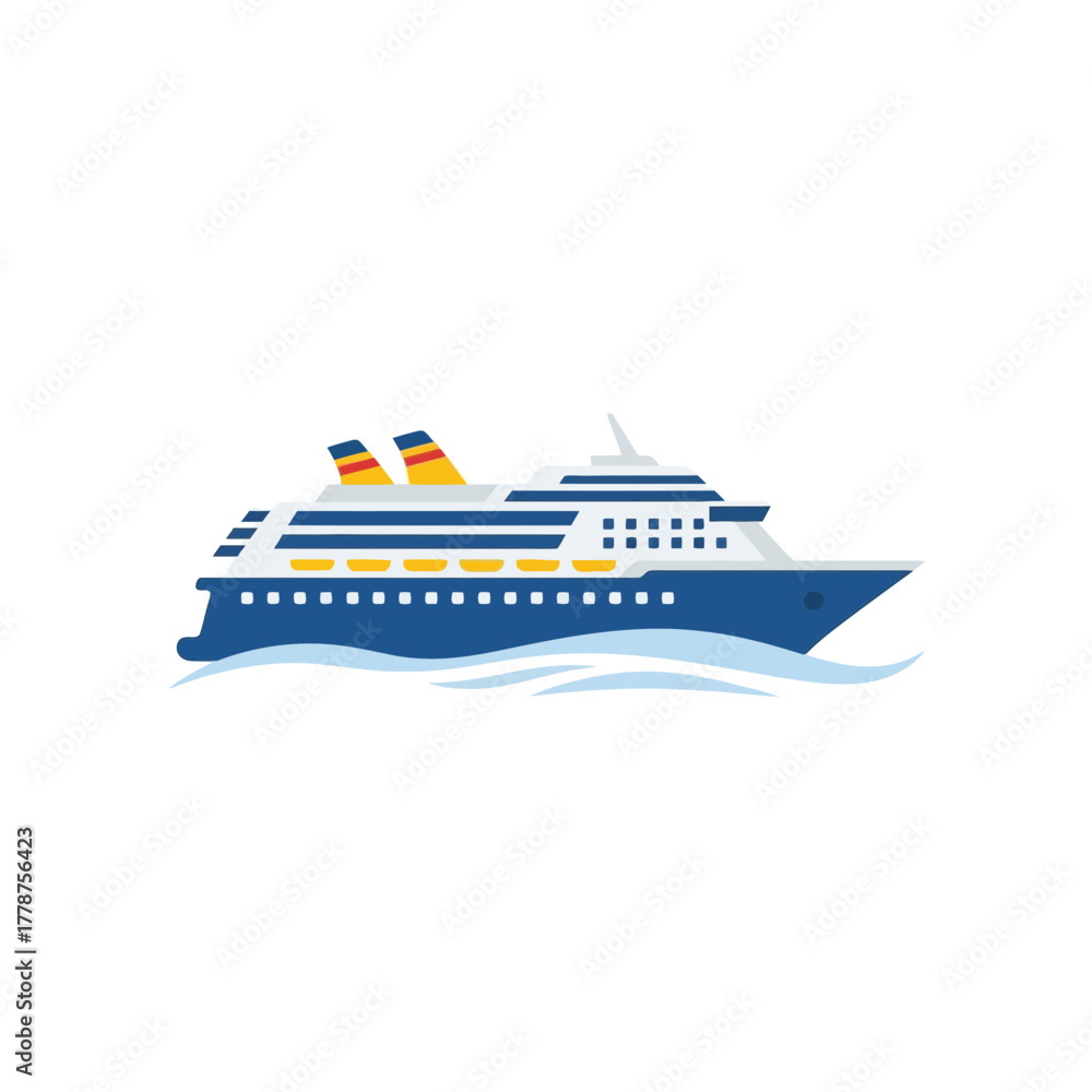 Obraz premium Modern and elegant vector illustration of a large passenger cruise ship sailing on the ocean, symbolizing leisure, travel, and vacation adventures at sea with a minimalist and clean design