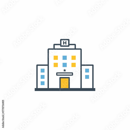 Clean flat graphic illustration of a multi-story hotel establishment, featuring an 'H' on the roof, ideal for depicting lodging, tourism, and hospitality industry concepts for digital media