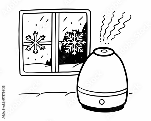 Humidifier releasing steam near a window with snowflakes