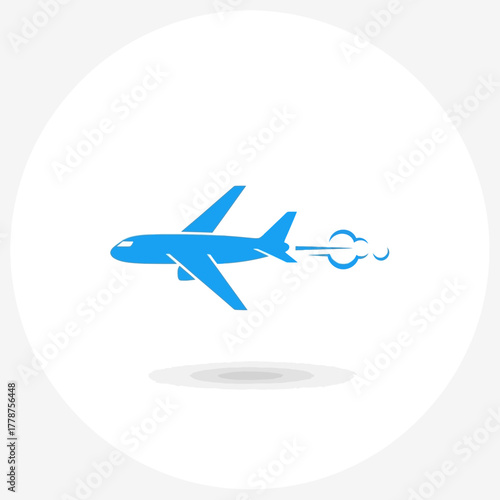 Sleek blue airplane icon swiftly soaring through the sky, leaving a dynamic trail of smoke, symbolizing rapid air travel, efficient transport, and fast delivery services