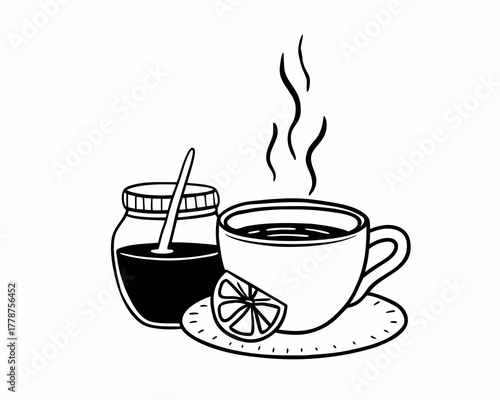 Illustration of a cup of tea with lemon and honey