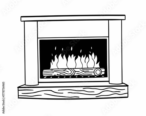 Illustration of a fireplace with burning wood