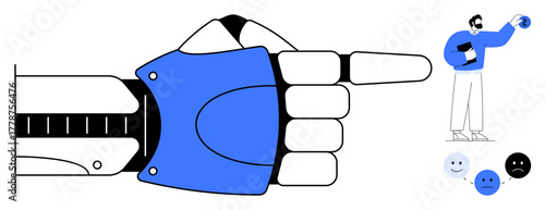 Robotic hand pointing forward user examines emotion icons for sentiment analysis. Ideal for AI, technology, robotics, decision-making, feedback systems, innovation, data visualization. A simple flat