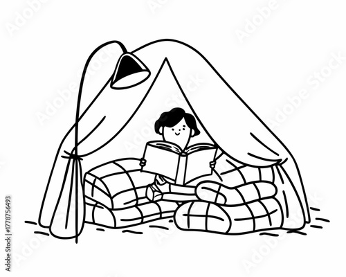 Illustration of a person reading a book in a blanket fort isolated on white