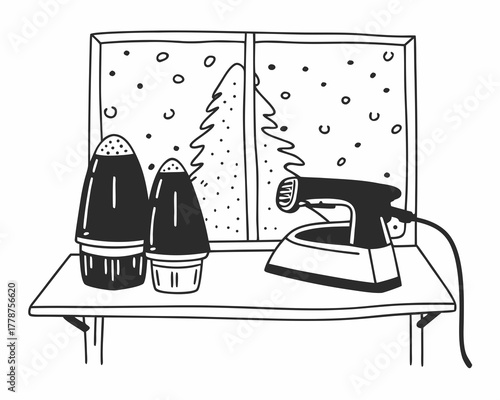 Table with salt and pepper shakers, hairdryer and iron