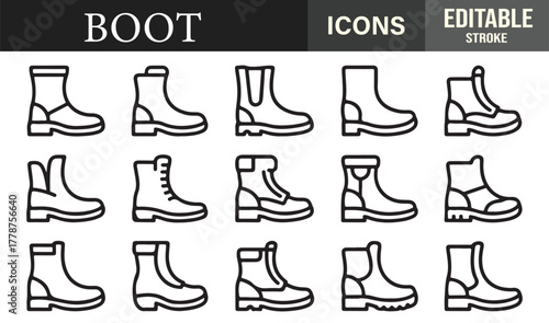 Set of editable outline icons of different boot styles including hiking, leather, and work boots for footwear design and illustration.
