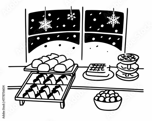 Winter sweets display with pastries and snowflakes outside the window