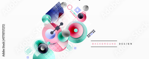 Abstract geometric shapes, circles, squares, lines create modern design. Soft pastel colors dominate composition. Minimalist style.